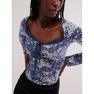 Free People Blue Puff Sleeve Smocked Blouse
